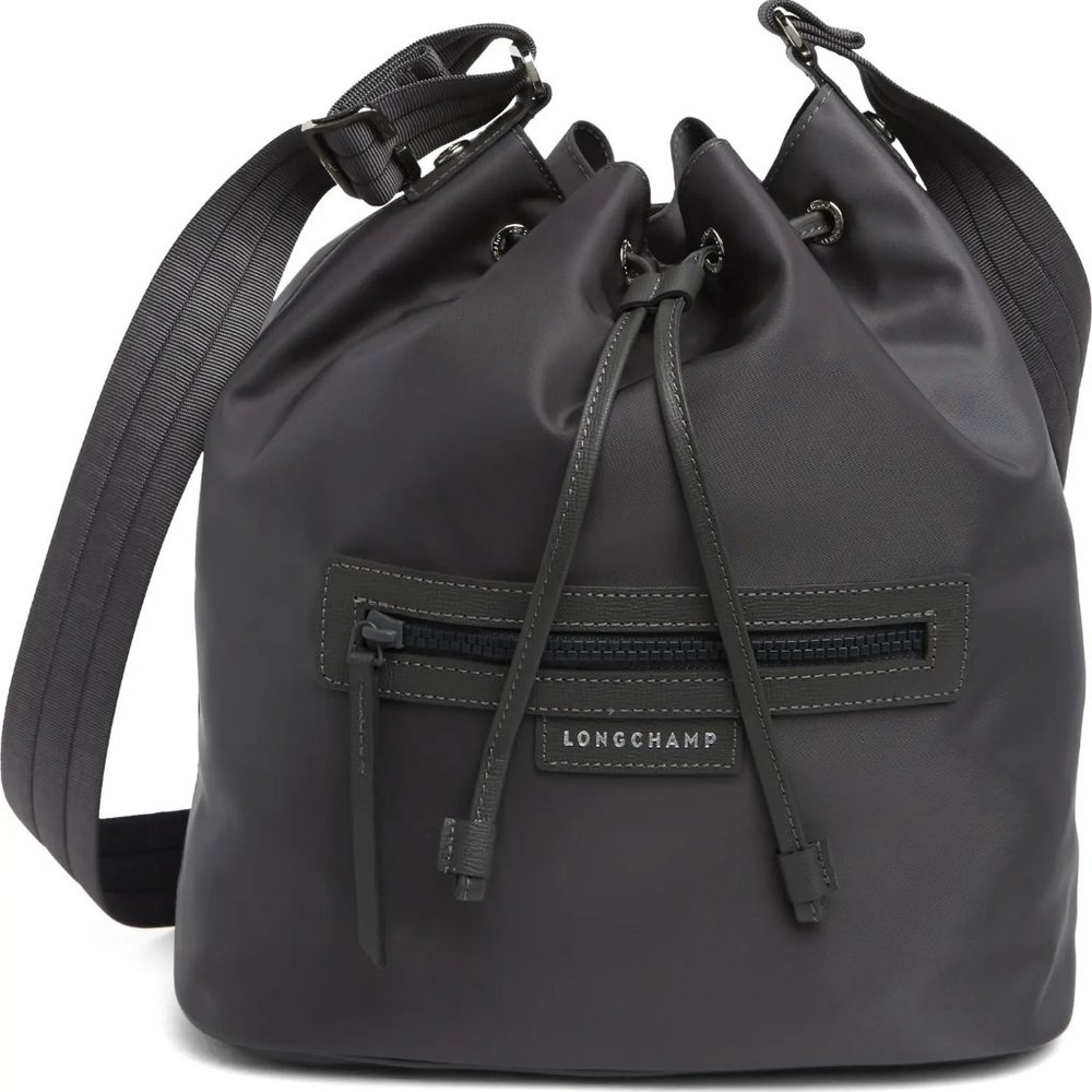 NEW LONGCHAMP Gray Eco Recycled Bucket Bag Drawstring Closure Adjustable Strap - Picture 4 of 16
